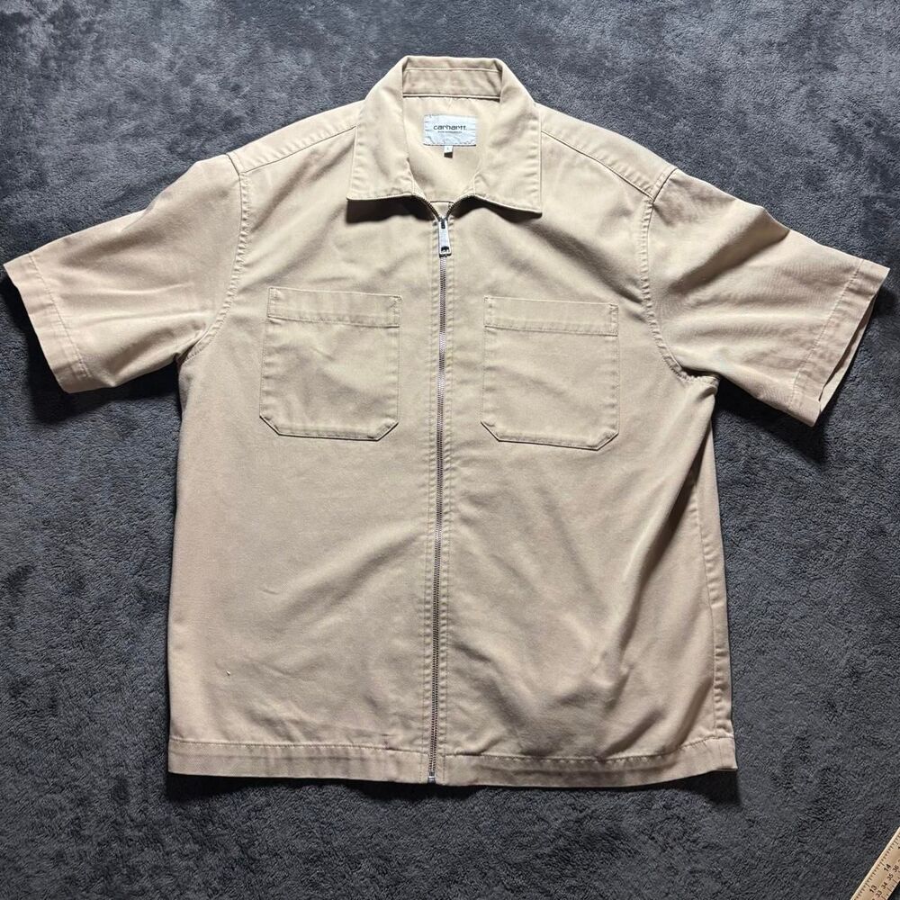 Carhartt WIP Zip Up Short Sleeve Shirt Mens Large Beige Sable Rinsed